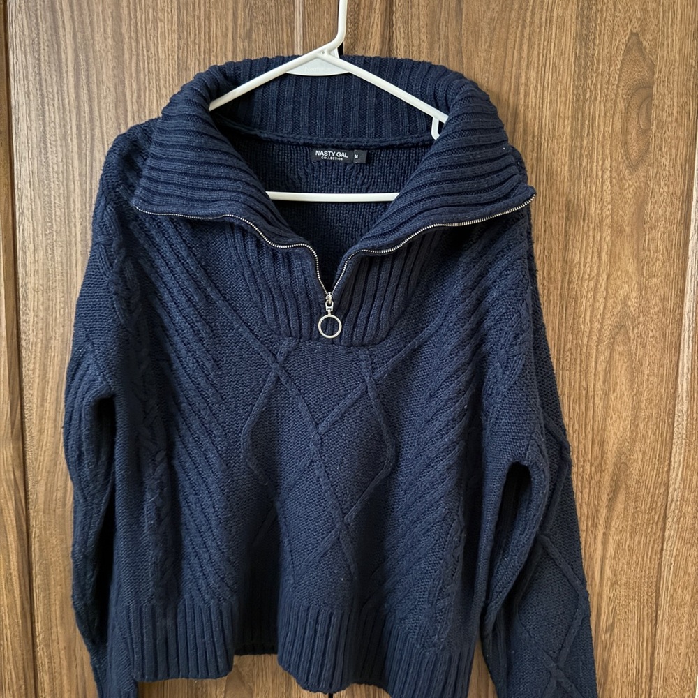 Nasty Gal Dark Navy Cable-Knit Quarter-Zip Sweater